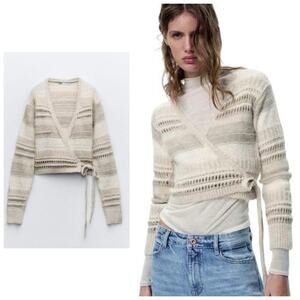 Zara Beige Knit Wrap Cropped Sweater Top Size Small 6771/005 Bohemian Chic